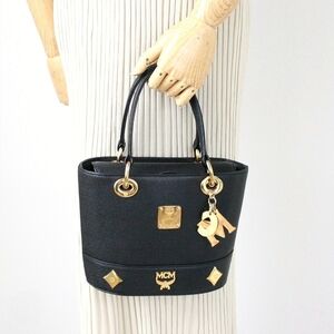 MCM Black Bucket Bag with Gold MCM Bag Charm EUC